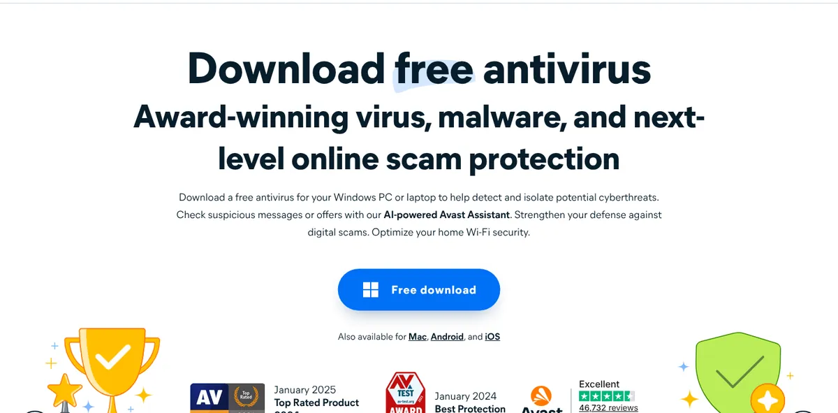 Avast Free Antivirus official download page with award-winning virus, malware and scam protection