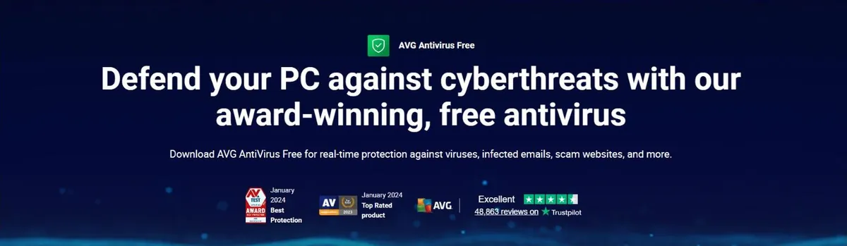 AVG AntiVirus Free official page offering real-time protection against viruses, infected emails and scam websites