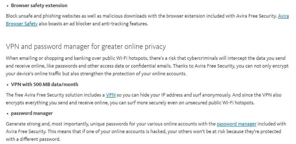 Avira Free Security page listing browser safety, VPN with 500 MB data per month and a password manager
