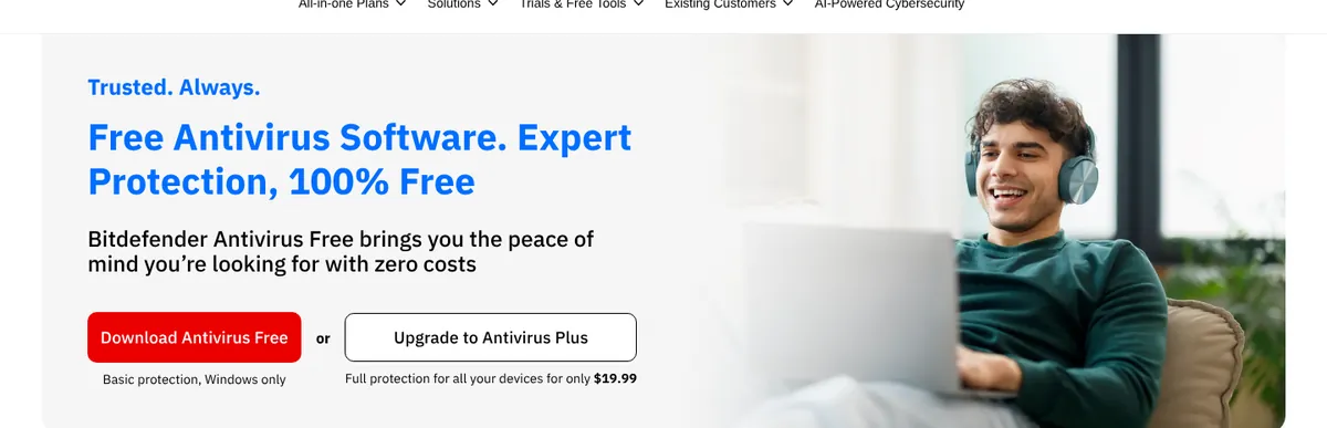 Bitdefender Antivirus Free official download page showing basic protection for Windows only