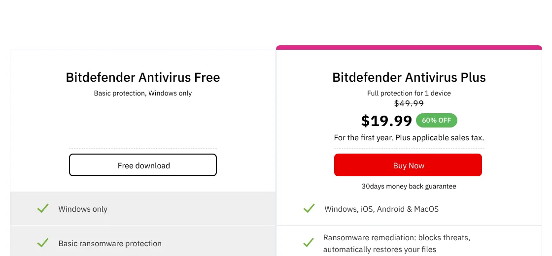 Bitdefender Antivirus Free vs Bitdefender Antivirus Plus comparison on Bitdefender's official page