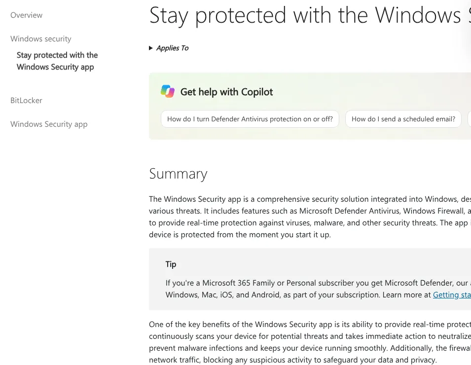 Microsoft support page for the Windows Security app with Microsoft Defender Antivirus