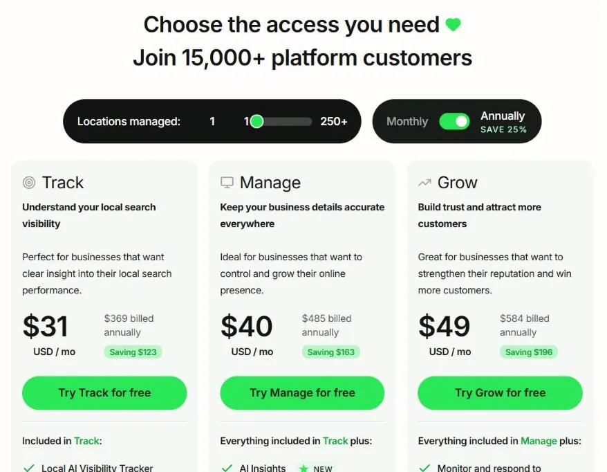 BrightLocal pricing page showing Track, Manage and Grow local SEO plans