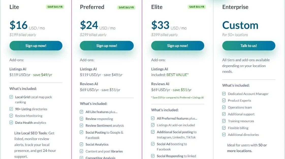 Moz Local pricing page showing Lite, Preferred and Elite yearly plans