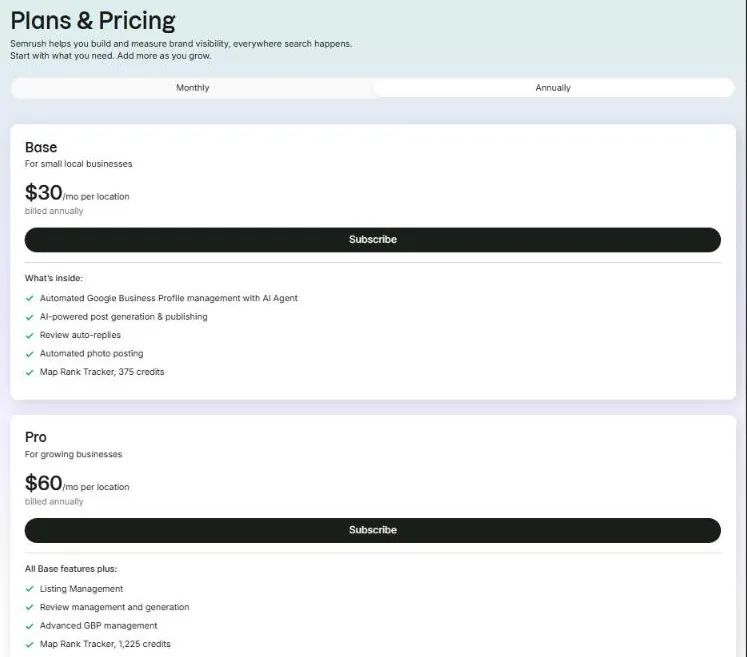 Semrush Local pricing page with Base and Pro plans per location