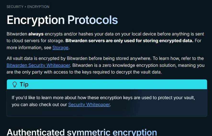 Bitwarden encryption protocols help page explaining local encryption and zero-knowledge design