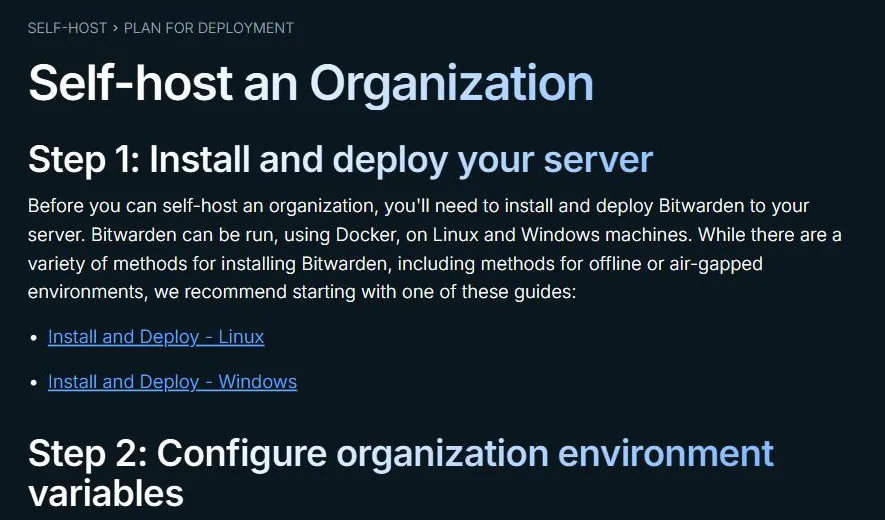 Bitwarden self-hosting documentation showing how to install and deploy a Bitwarden server