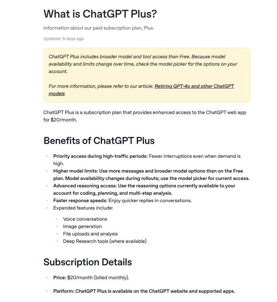 OpenAI Help Center What is ChatGPT Plus page showing the 20 dollars per month price and Plus benefits