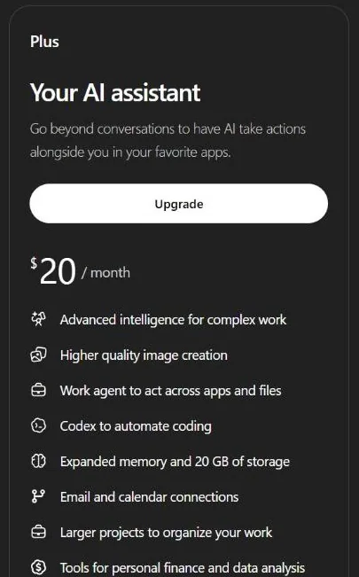 ChatGPT Plus plan at 20 dollars per month with work agent, Codex and 20 GB storage
