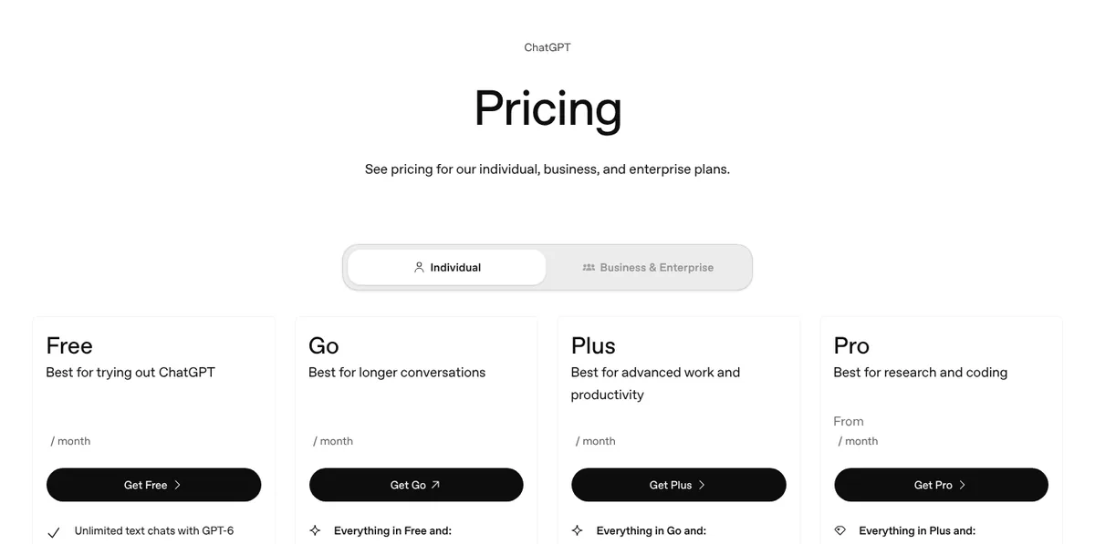 ChatGPT pricing page showing Free, Go, Plus and Pro individual plans