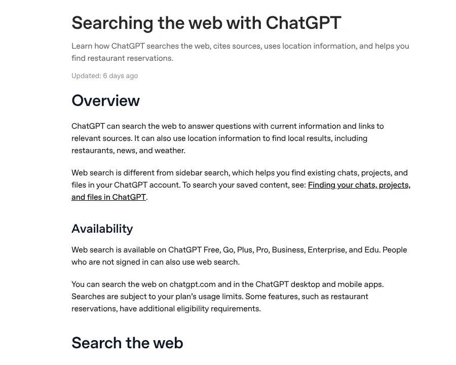OpenAI Help Center page Searching the web with ChatGPT showing web search on Free, Go, Plus and Pro plans