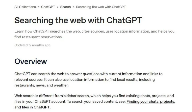 OpenAI Help Center page explaining how ChatGPT searches the web and cites sources