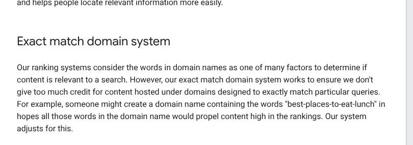 Google ranking systems guide section on the exact match domain system