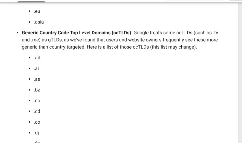 Google Search Central list of country-code domains such as .co and .io treated as generic top-level domains