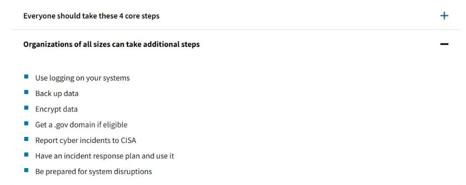 CISA cybersecurity steps for organizations of all sizes, including backups, encryption and an incident response plan