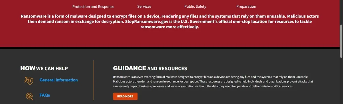 CISA StopRansomware page explaining how ransomware encrypts files and systems
