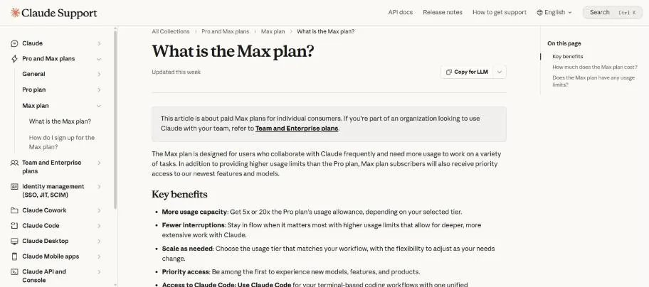 Claude Help Center article explaining the Max plan with 5x or 20x the Pro usage