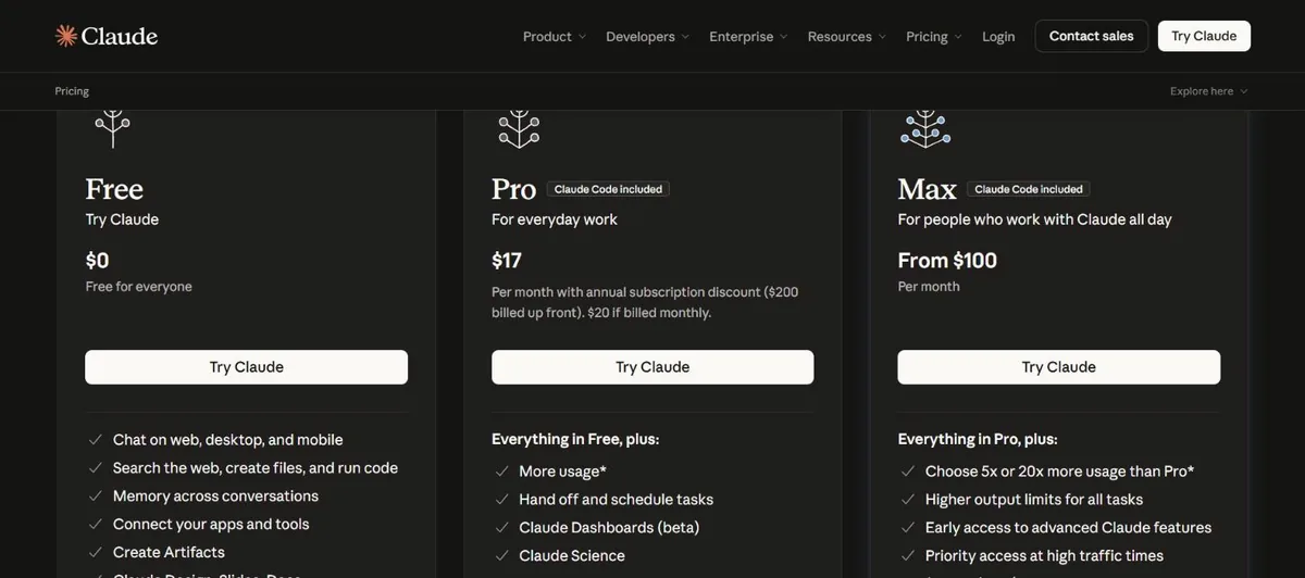 Claude vs Gemini pricing: Claude Free, Pro and Max plans on Claude's official pricing page