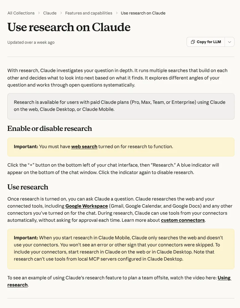 Claude Help Center page explaining Research on Claude for Pro, Max, Team and Enterprise plans