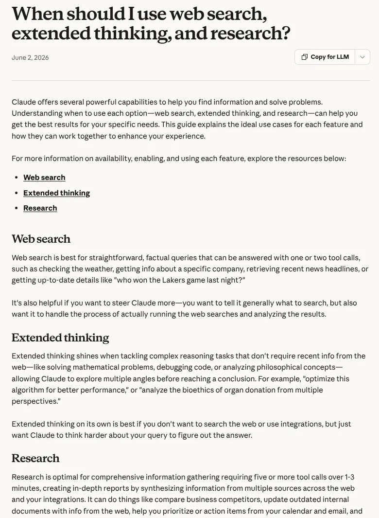 Claude Help Center guide comparing web search, extended thinking and research use cases