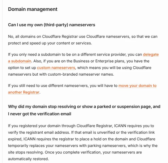 Cloudflare Registrar FAQ: all domains use Cloudflare nameservers, third-party nameservers not supported