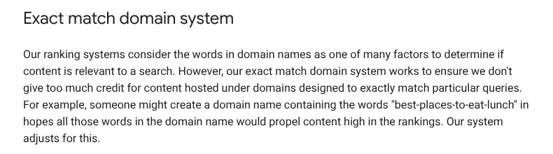 Google ranking systems guide section on the exact match domain system