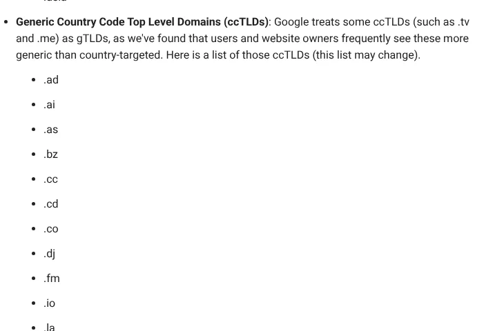Google Search Central list of country-code domains treated as generic, including .co and .io