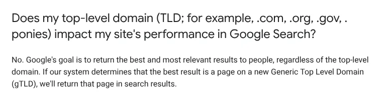 Google Search Central FAQ answering that the top-level domain does not impact performance in Google Search