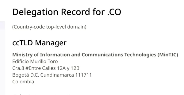 IANA delegation record for .co showing Colombia's MinTIC as ccTLD manager