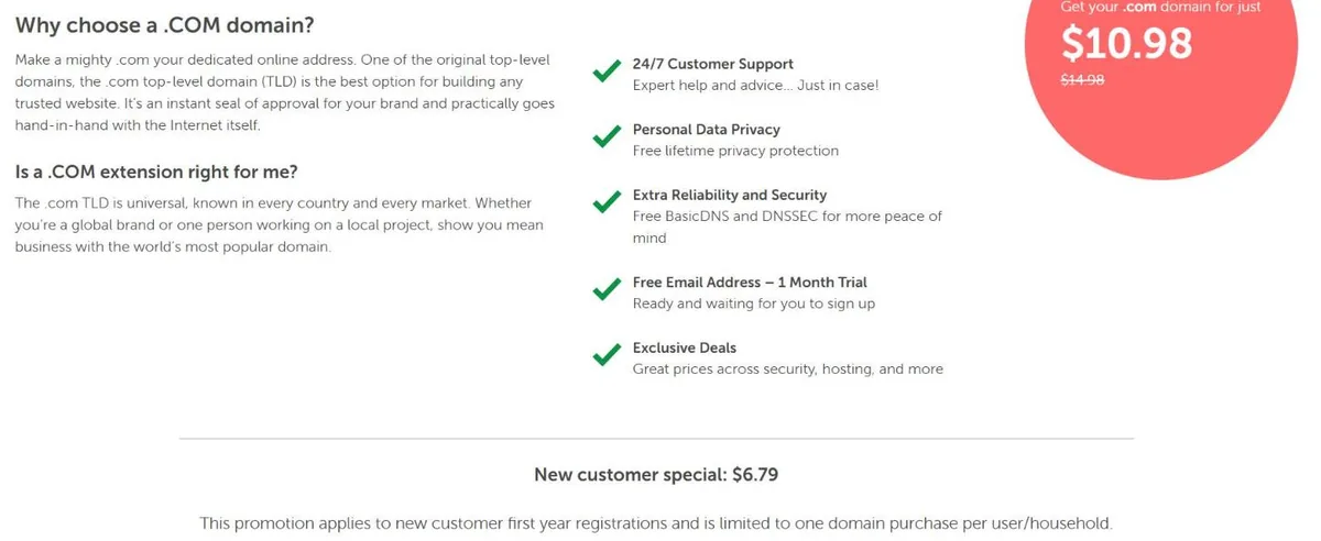 Namecheap .com domain registration page explaining why to choose a .com