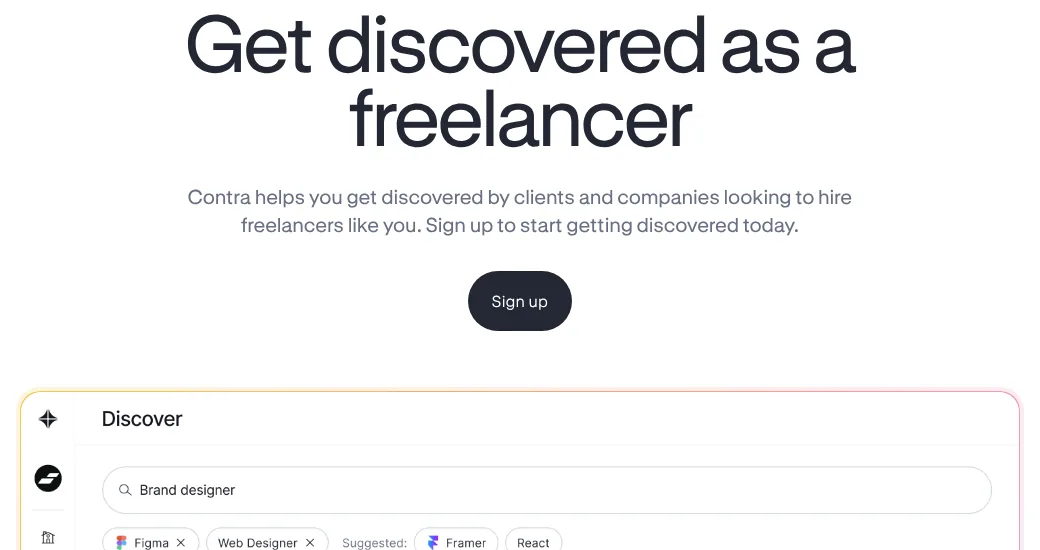 Contra Get discovered as a freelancer page with Discover search for freelancers