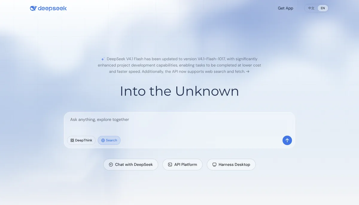DeepSeek homepage with free chat box and DeepThink and Search options