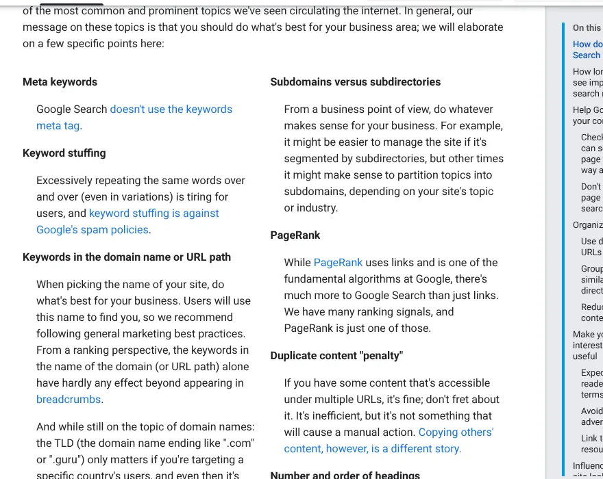 Domain name SEO: Google SEO Starter Guide section on keywords in the domain name or URL path