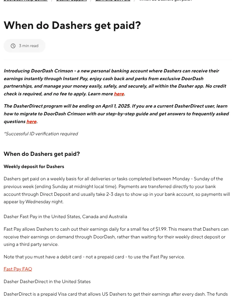 DoorDash Dasher help page explaining weekly pay, Fast Pay for 1.99 dollars and DoorDash Crimson Instant Pay
