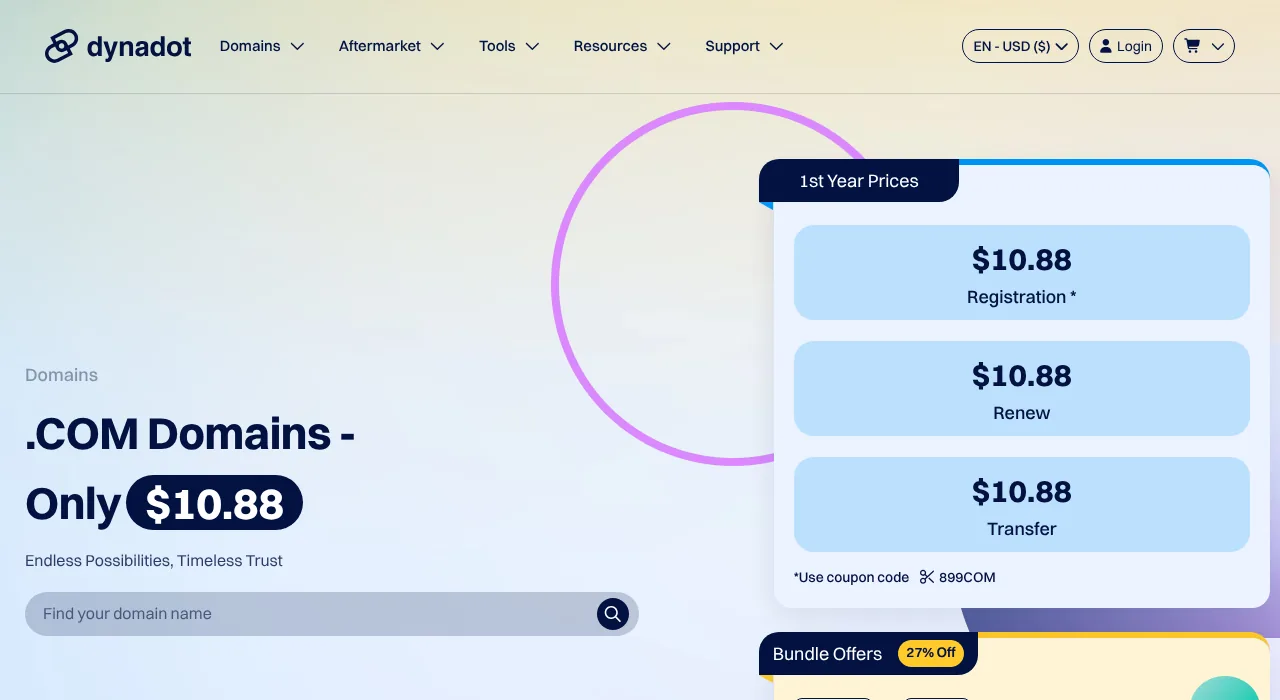 Dynadot .com domains page listing $10.88 registration, renewal and transfer