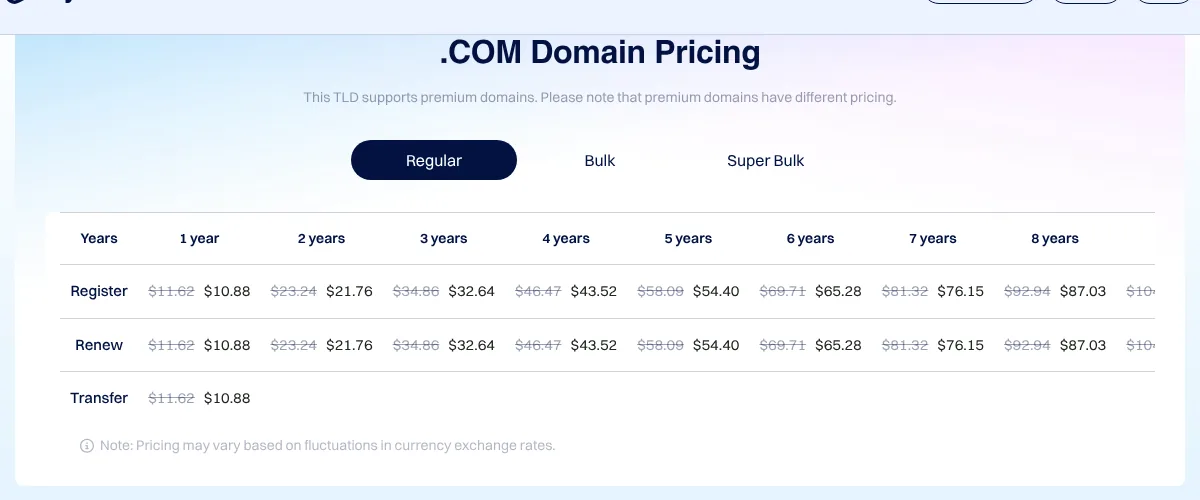 Dynadot .com registration and renewal price table from 1 to 10 years