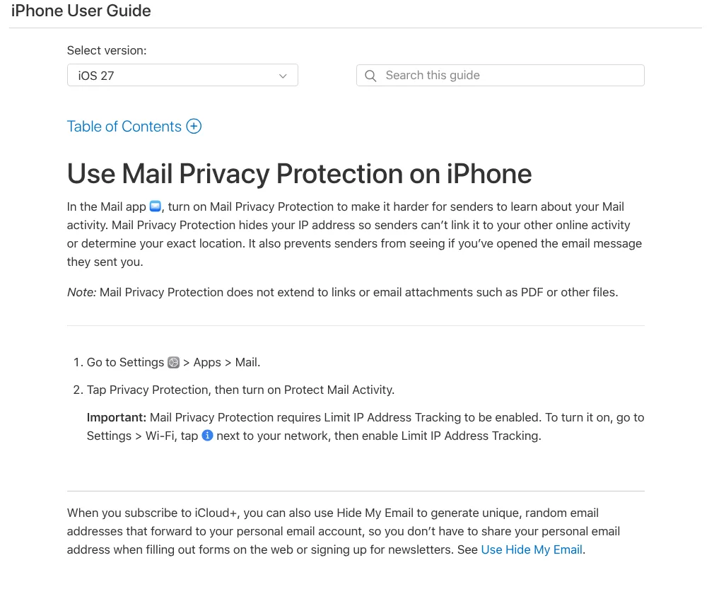 Apple Support page explaining Mail Privacy Protection on iPhone which hides email opens from senders