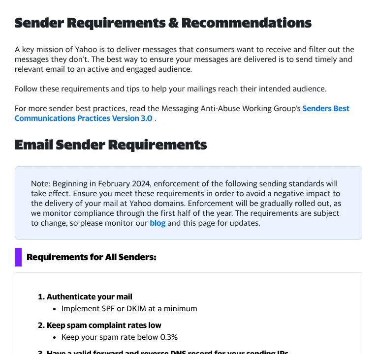 Yahoo Sender Hub email sender requirements page listing authentication and spam rate rules