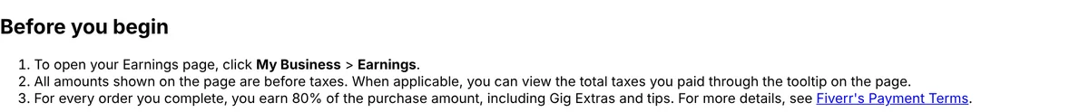 Fiverr Help Center earnings page stating that freelancers earn 80 percent of the purchase amount including Gig Extras and tips