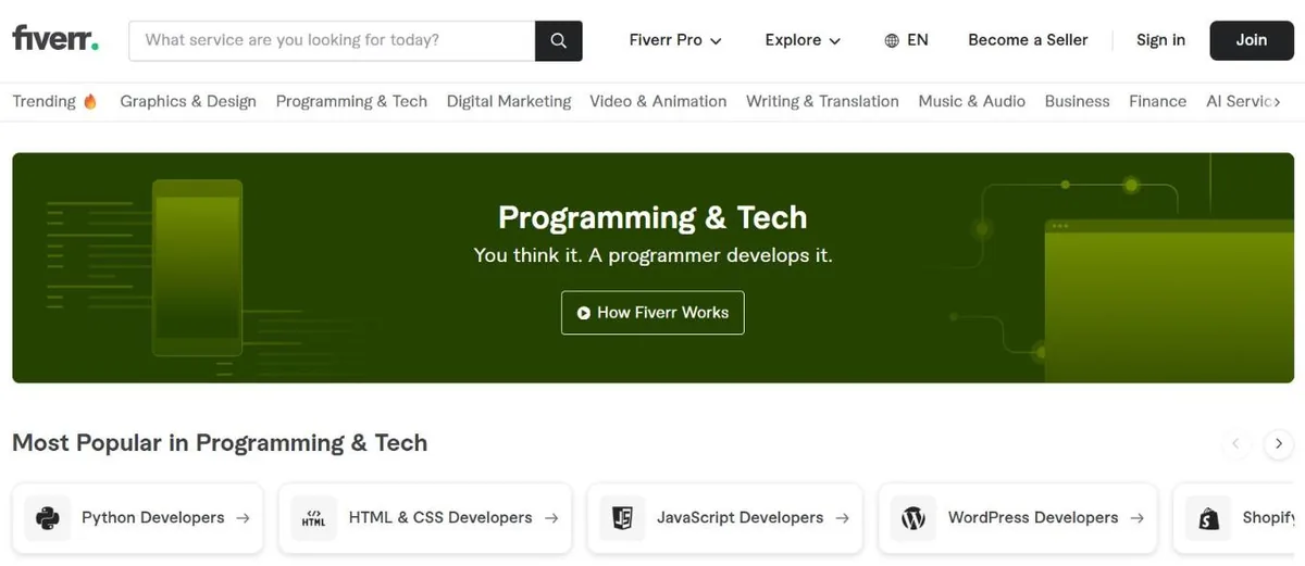 Fiverr Programming and Tech category showing Python, JavaScript and WordPress developer services
