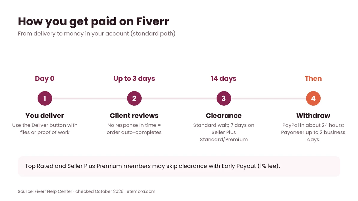 Timeline of how Fiverr freelancers get paid from delivery to client review, 14 day clearance and withdrawal