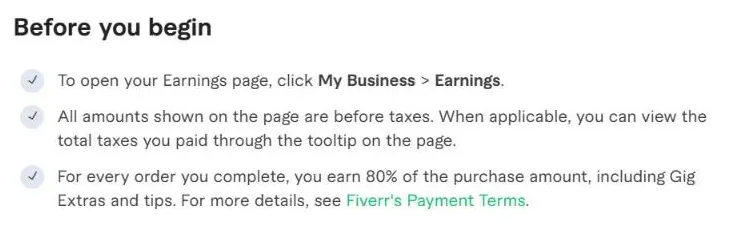 Fiverr help center stating sellers earn 80 percent of the purchase amount including Gig Extras and tips