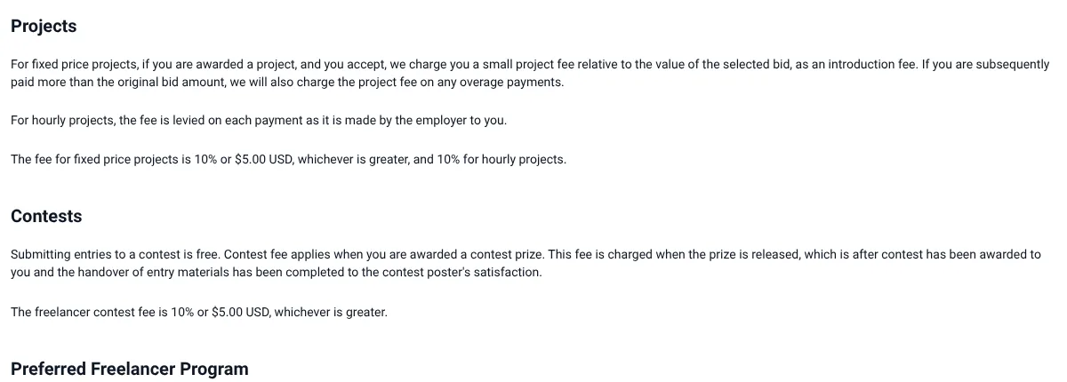Freelancer.com fees page showing 10 percent or 5 dollar fee for fixed price projects and 10 percent for hourly