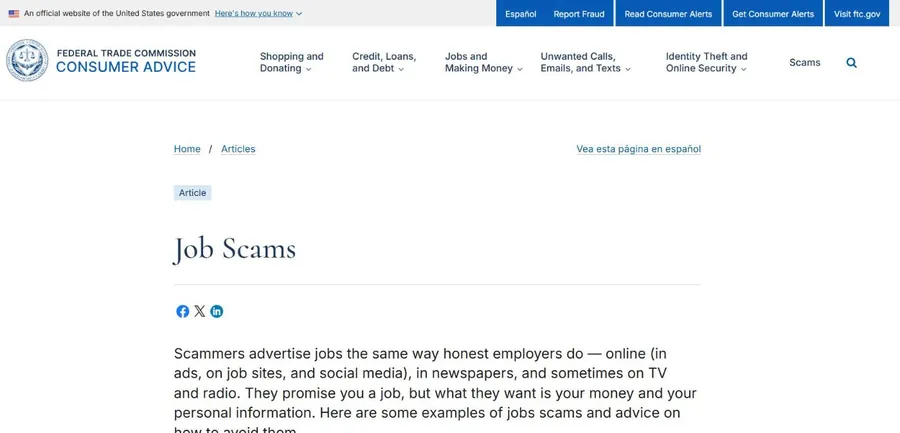 FTC Consumer Advice Job Scams page warning that scammers advertise jobs online and on social media