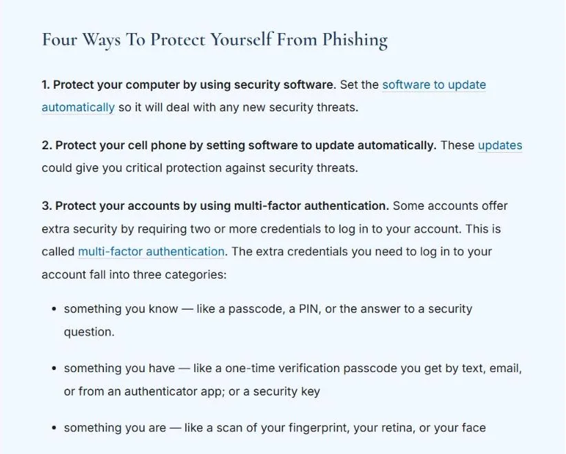 FTC advice on four ways to protect yourself from phishing, including security software, updates and multi-factor authentication