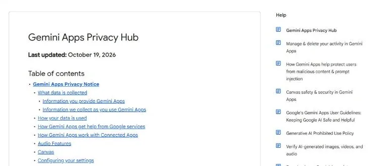 Gemini Apps Privacy Hub page from Google Help explaining how Gemini chat data is used