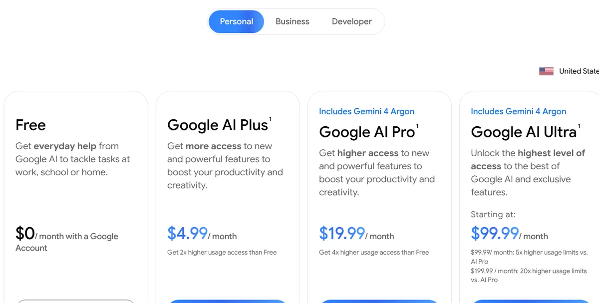 Gemini subscription page showing Free, Google AI Plus, Google AI Pro and Google AI Ultra plans in USD