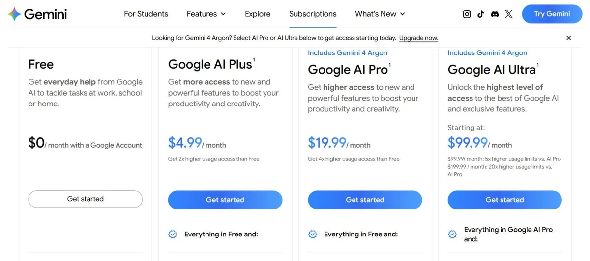 Google AI plans for Gemini in US dollars: Free, AI Plus $4.99, AI Pro $19.99 and AI Ultra from $99.99