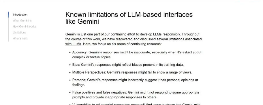Google Gemini overview page listing known limitations of LLM-based interfaces like Gemini