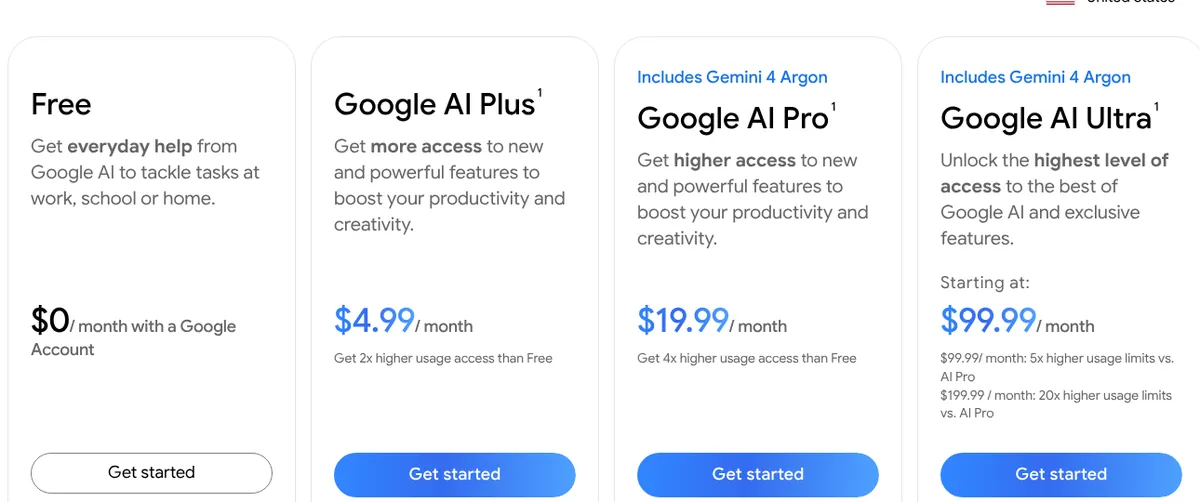 Gemini subscriptions page showing Free, Google AI Plus at 4.99, AI Pro at 19.99 and AI Ultra at 99.99 dollars per month